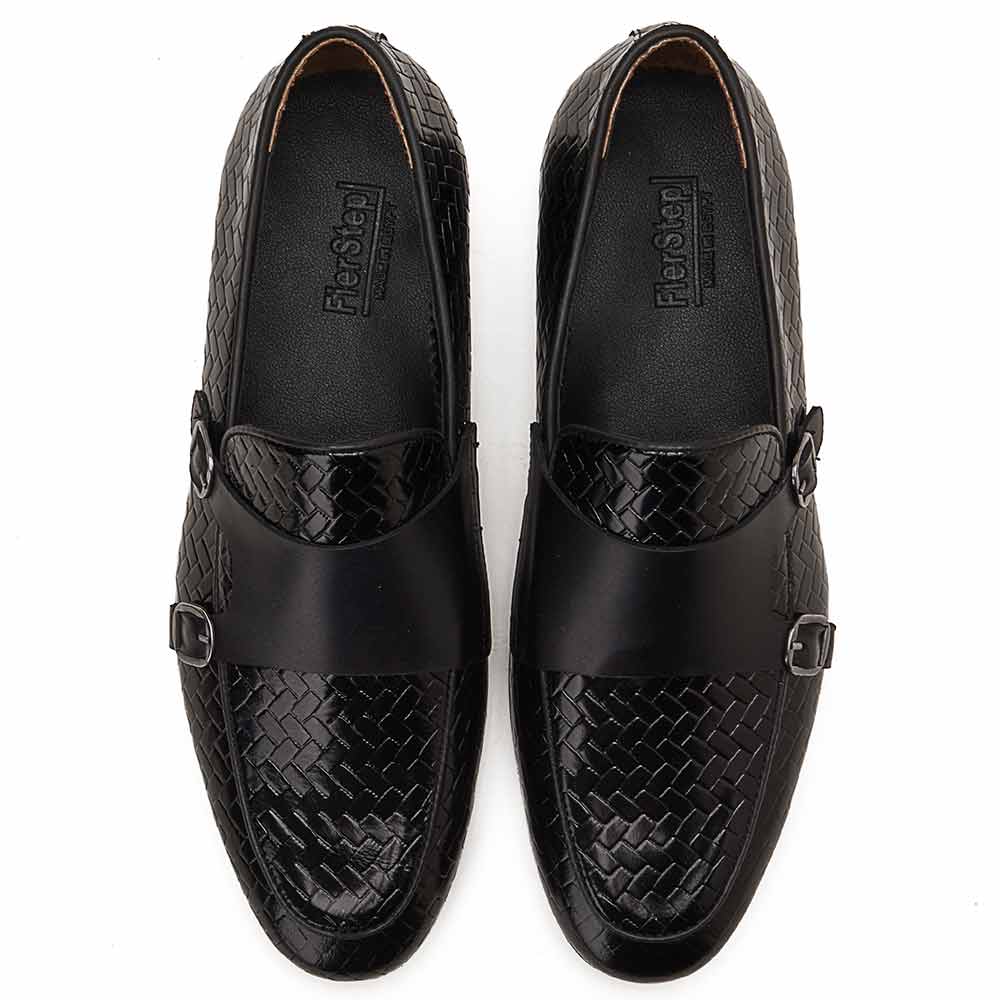 Men leather double monk strap shoes - Black